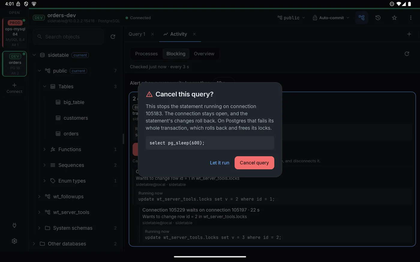 A confirmation before cancelling a running query on Postgres
