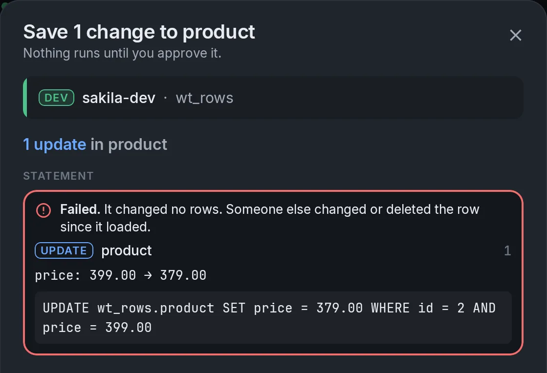 The review sheet warning that someone else changed or deleted the row