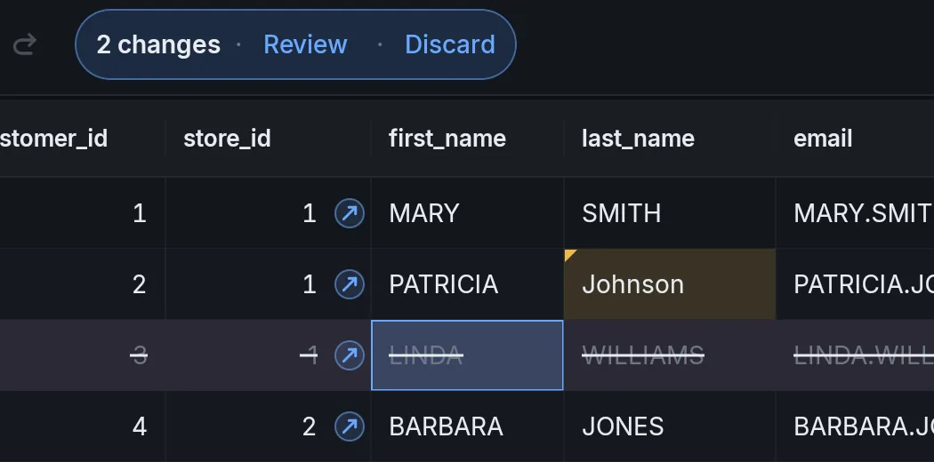 A table with two changed rows and one row marked for deletion
