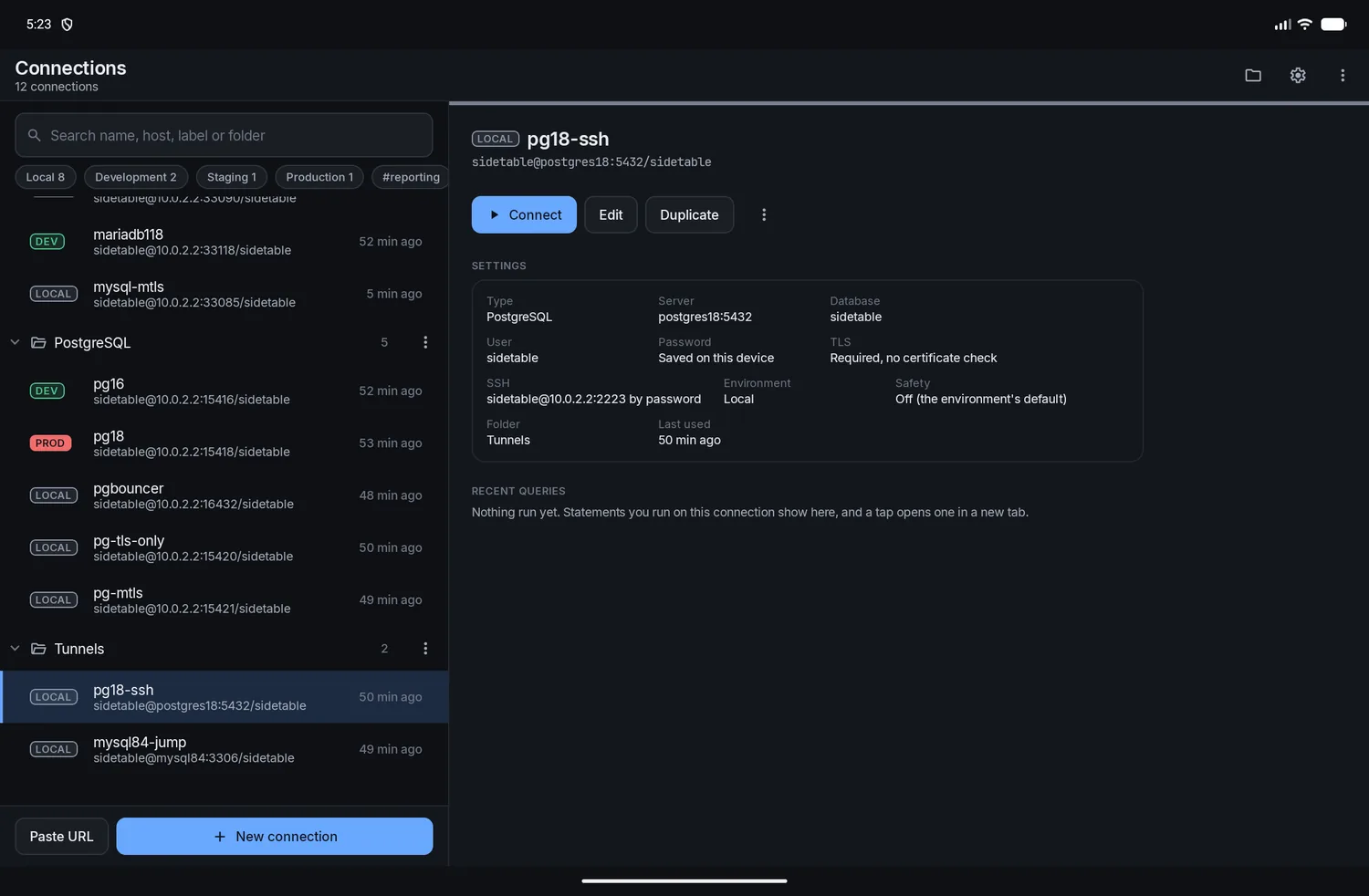 The connection manager on a tablet, with MySQL and PostgreSQL connections grouped in folders