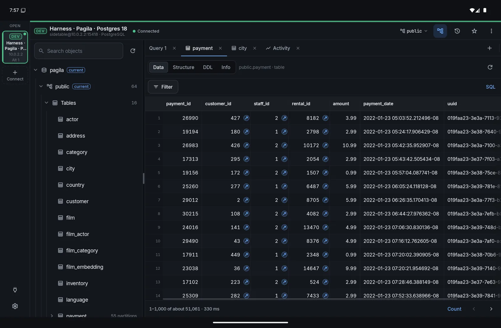 A table of payments in the data grid, with foreign key arrows next to the ids