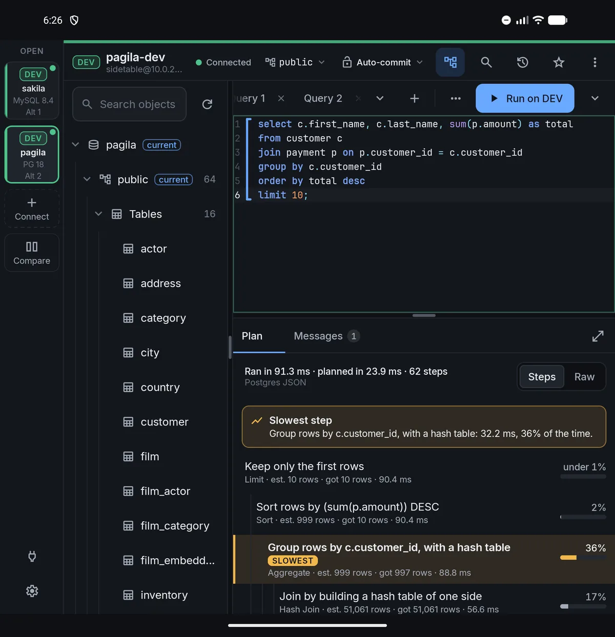 A query plan with the slowest step highlighted, taking 36 percent of the time