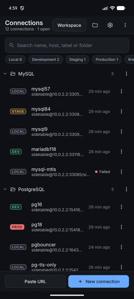 The connection list on a phone, with Local, Dev, Stage and Prod badges