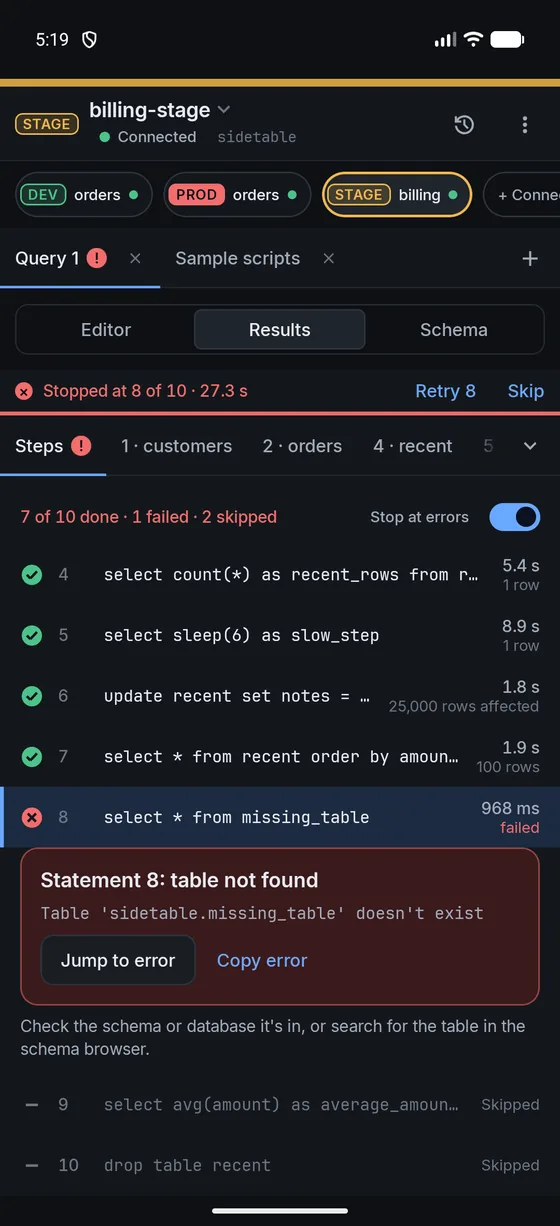 Sidetable on a phone showing the same script's steps
