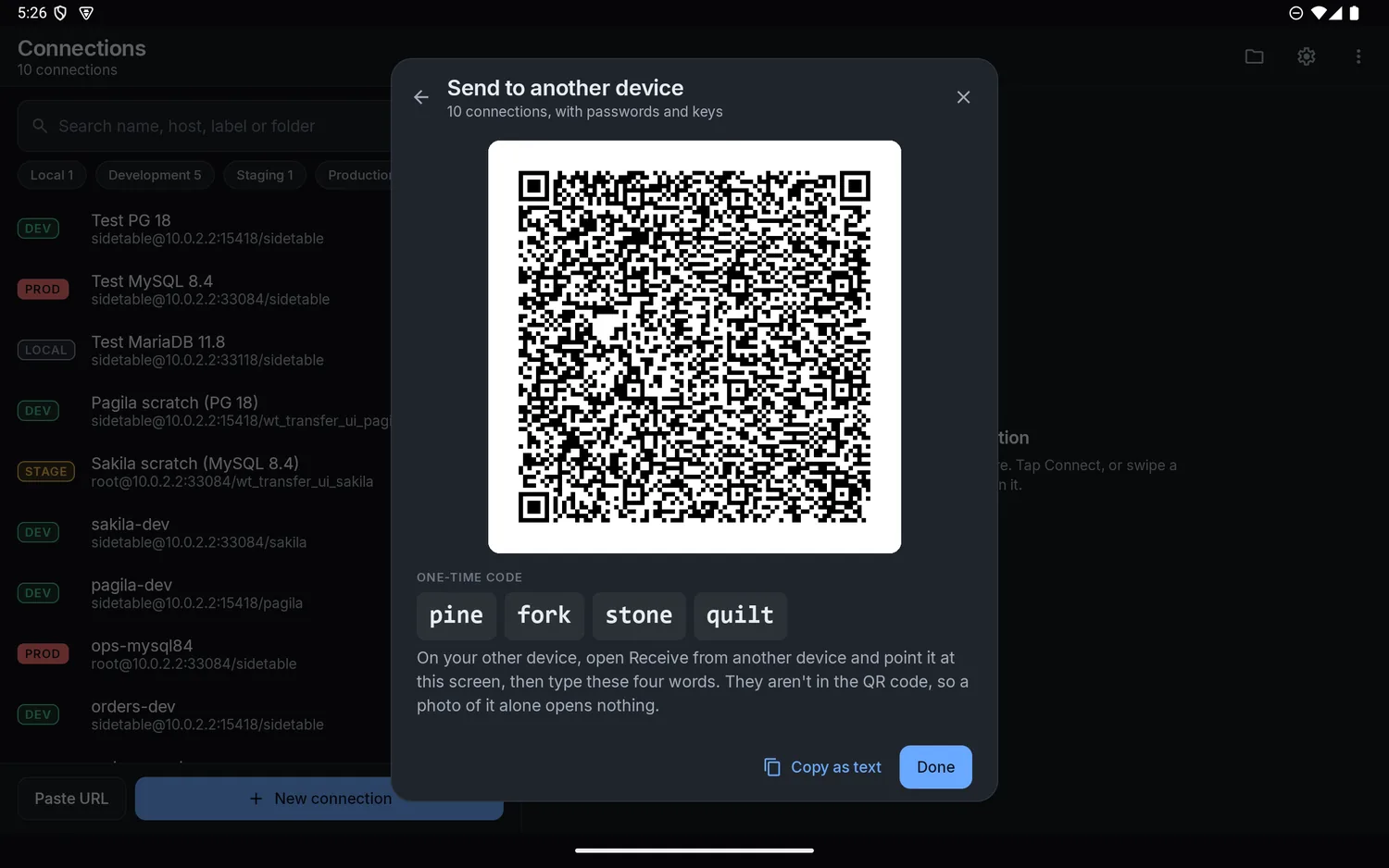 Send to another device, showing a sample QR code and a sample four-word code