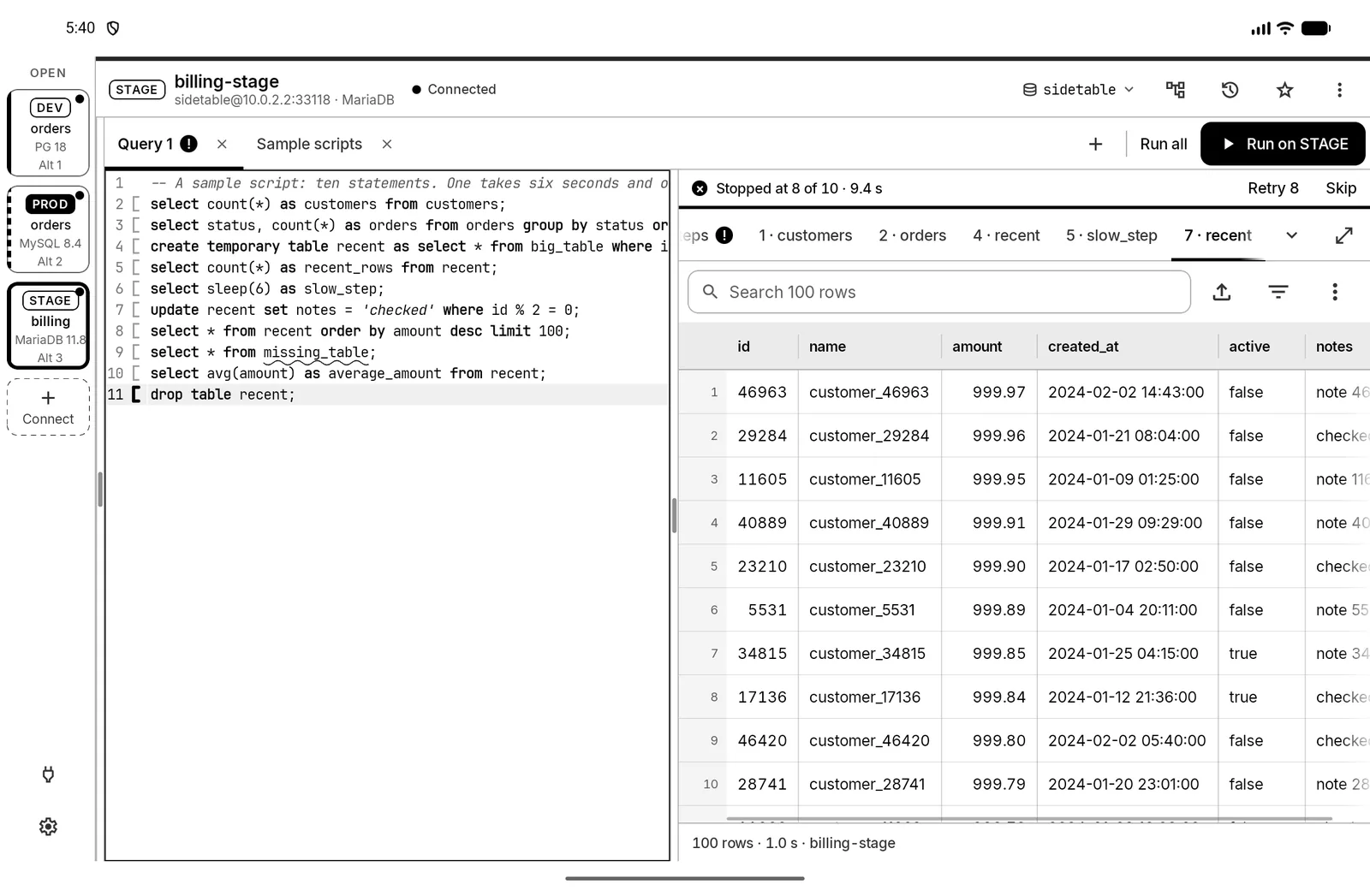 The editor on the left and the results grid on the right, in the Paper theme