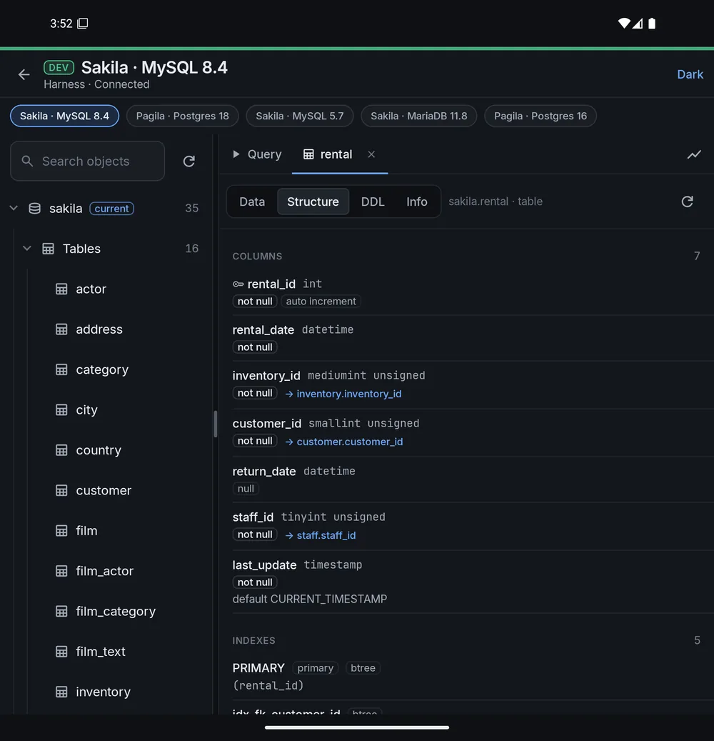 A table's structure tab, listing columns, keys and indexes
