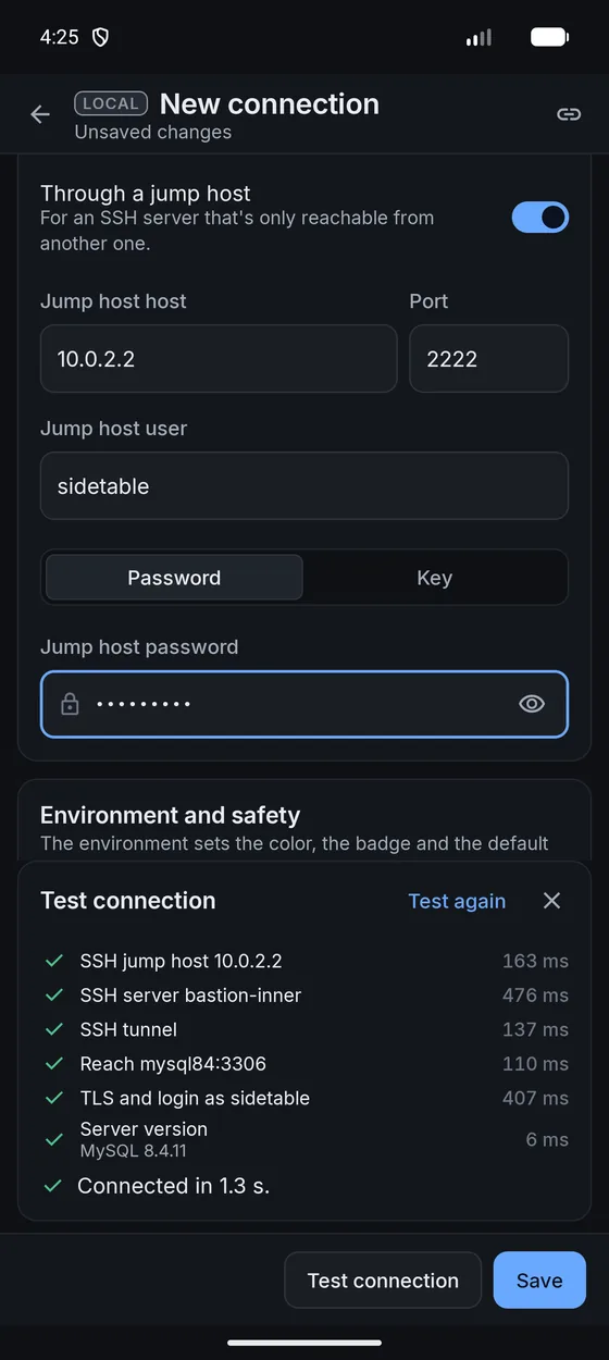 A connection test listing each step, from the jump host to the database login