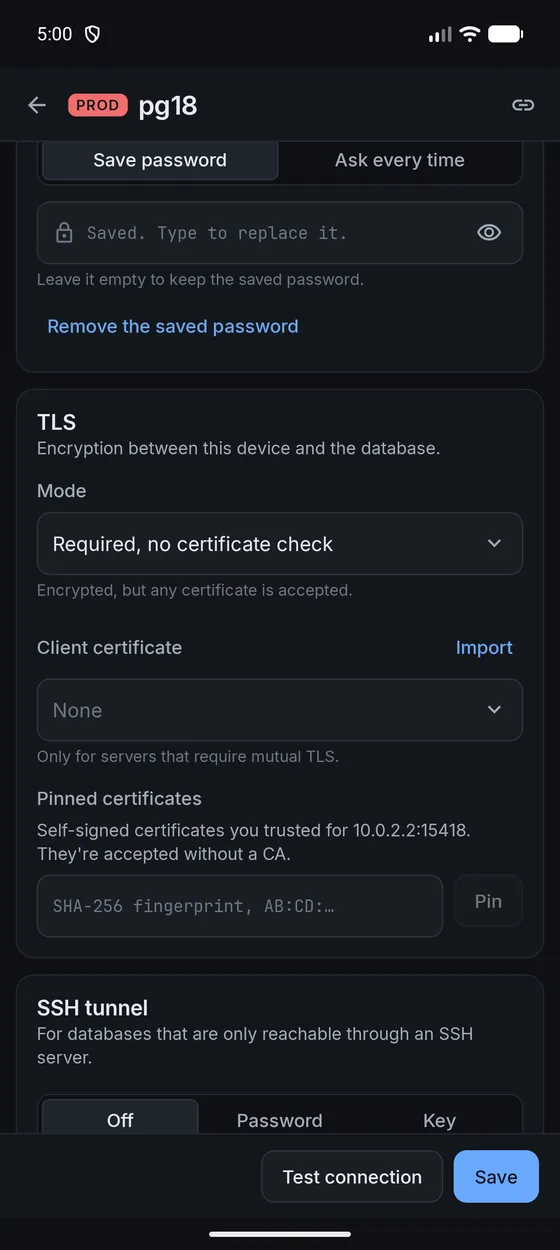 A connection form with TLS and SSH tunnel sections